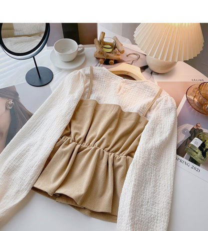 Vintage shirt with thin waist stitching fake two tops  6387