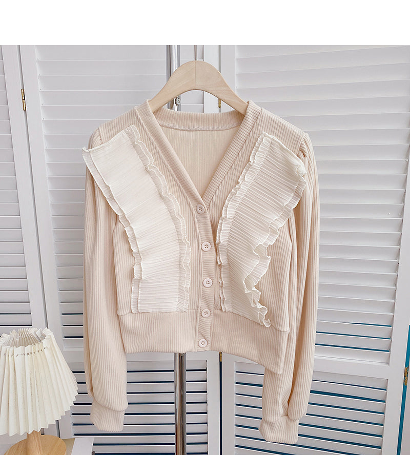 Crimped lace V-neck Vintage shirt cardigan  6408