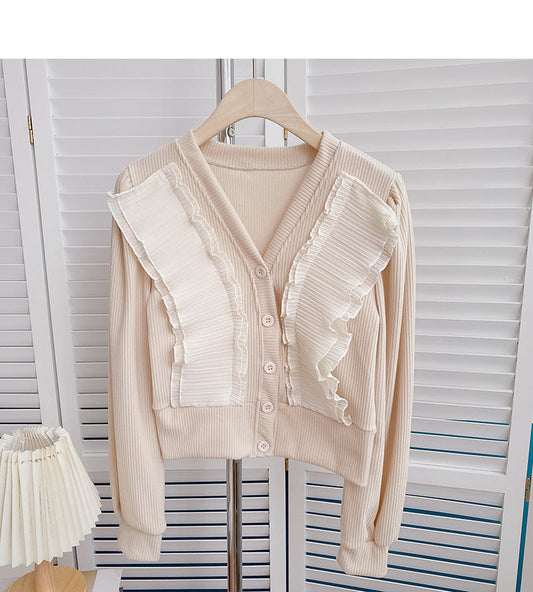 Crimped lace V-neck Vintage shirt cardigan  6408