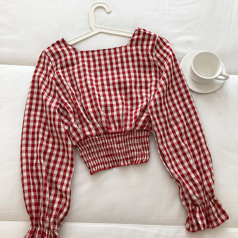 Korean girls' sweet little Plaid Shirt  6249