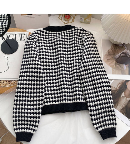 Vintage Round Neck Bird check top cardigan  6102