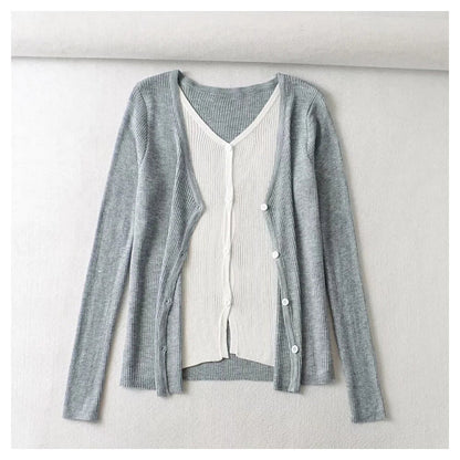 V-neck breasted color contrast fake two slim knit Cardigans  7471