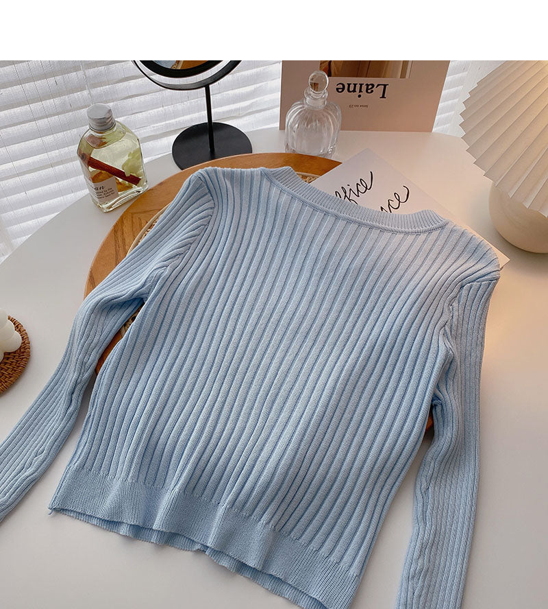 Korean version thin long sleeve round neck versatile thread solid color knitted cardigan  6550