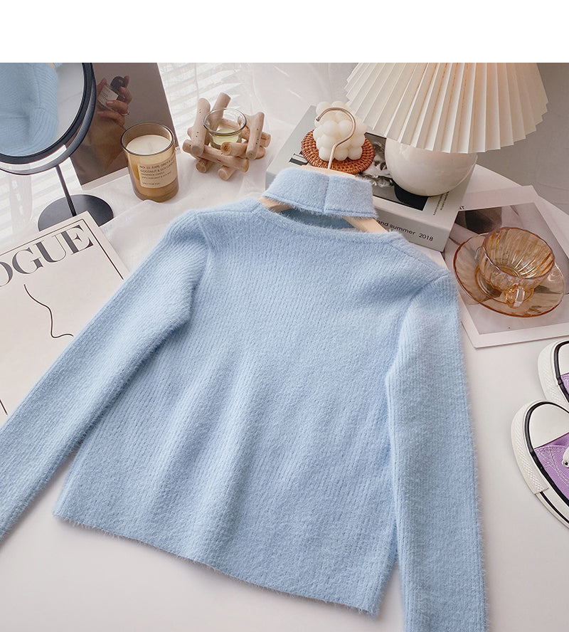 Imitation mink pure color sweater hollow neck top  6061