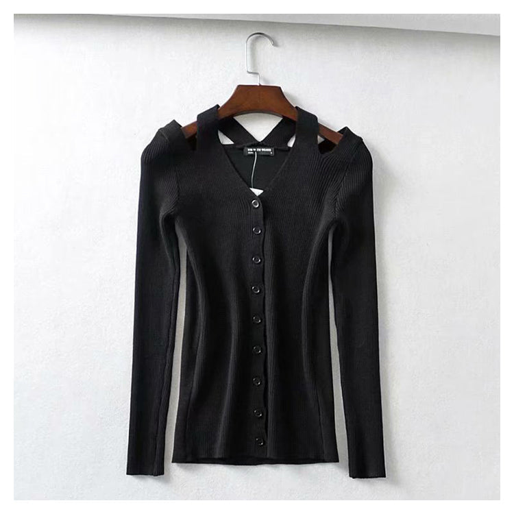 Versatile leaky shoulder V Neck Long Sleeve Sweater Cardigan top  7273
