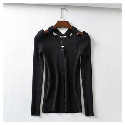Versatile leaky shoulder V Neck Long Sleeve Sweater Cardigan top  7273