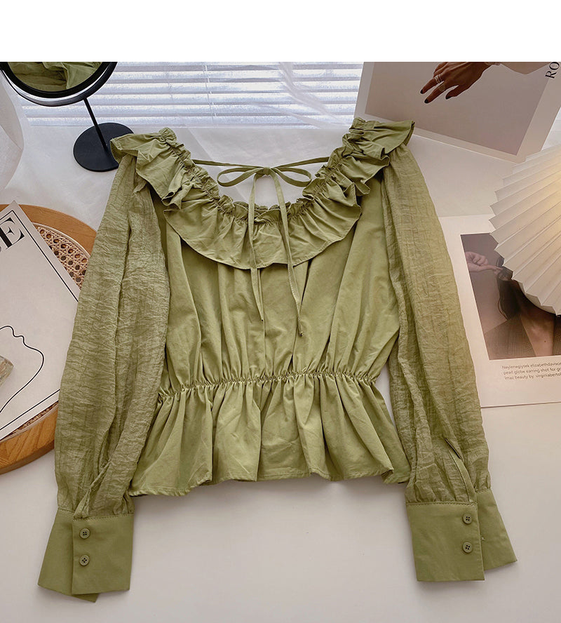 Lace up Ruffle round neck shirt with slim waist  6434