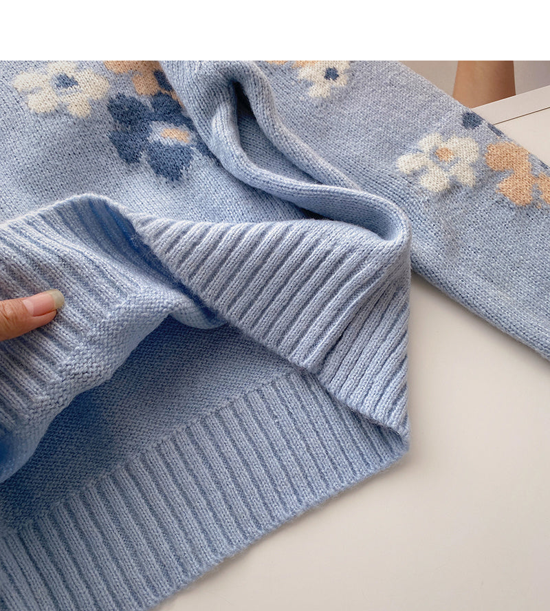 Sweet floret jacquard design loose long sleeve top  5898