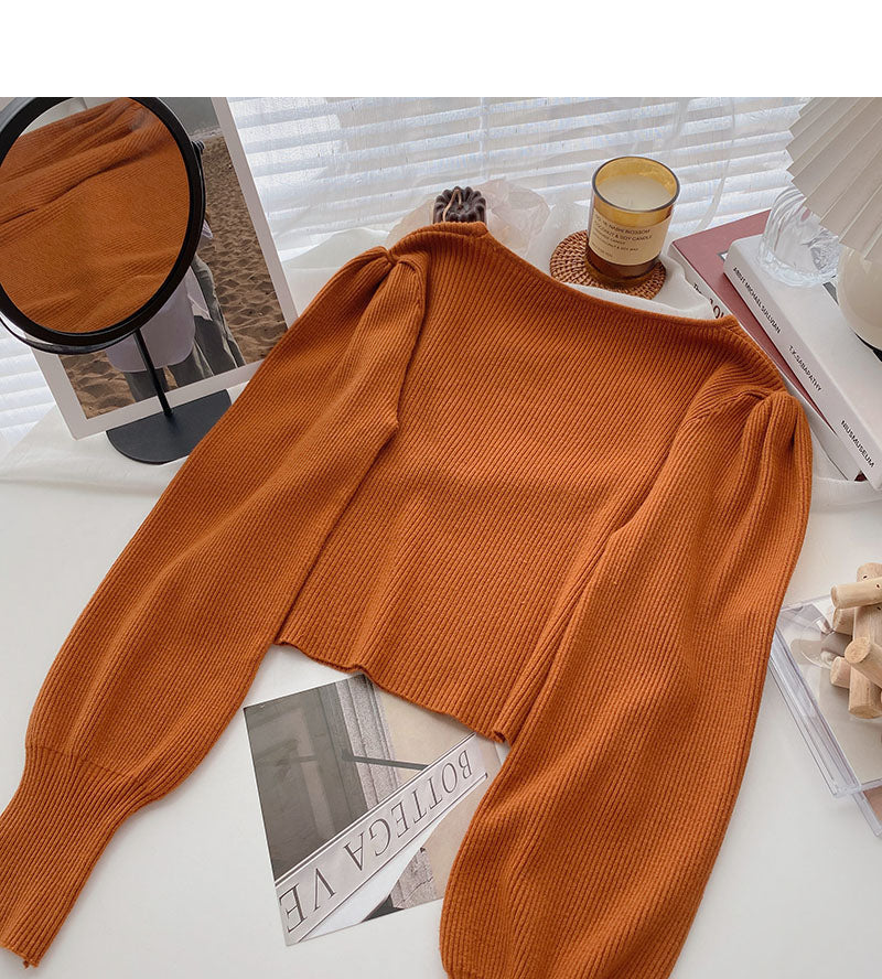 Simple solid color square neck long sleeve short top  6679