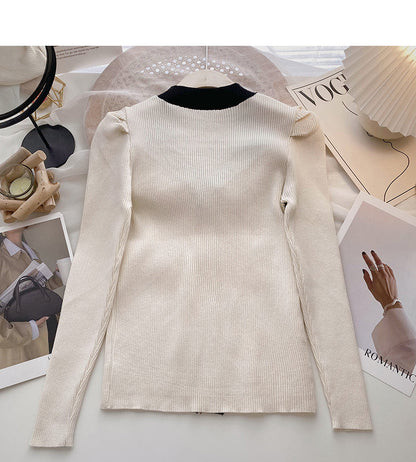 French square neck contrast thin long sleeve sweater  6625