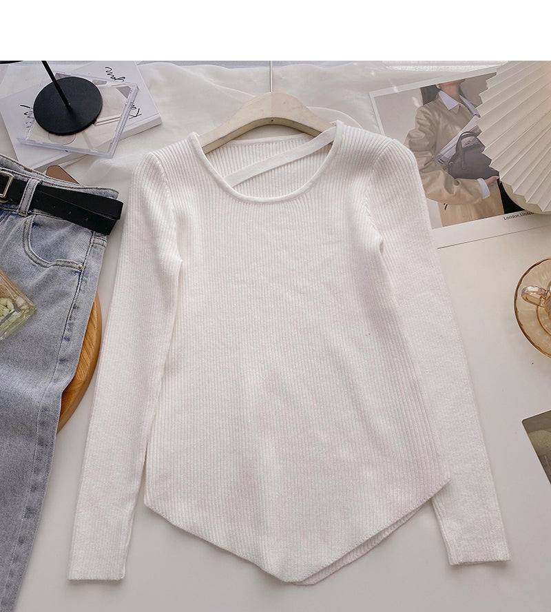 Design sense crew neck T-shirt solid color versatile long sleeve bottoming shirt  6693