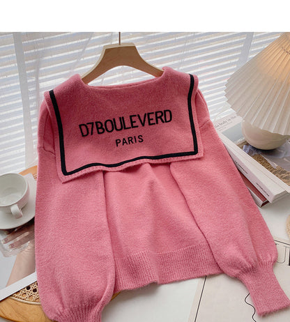 Design personalized letter print contrast Navy collar long sleeve top  6012