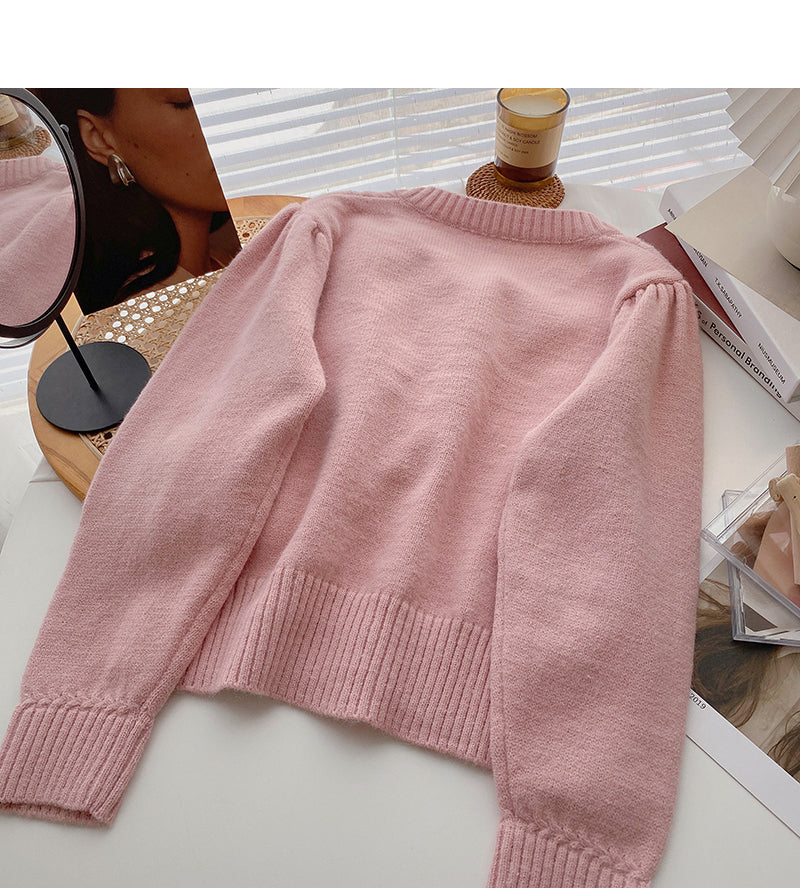 Vintage round neck pearl button cardigan sweater  6003
