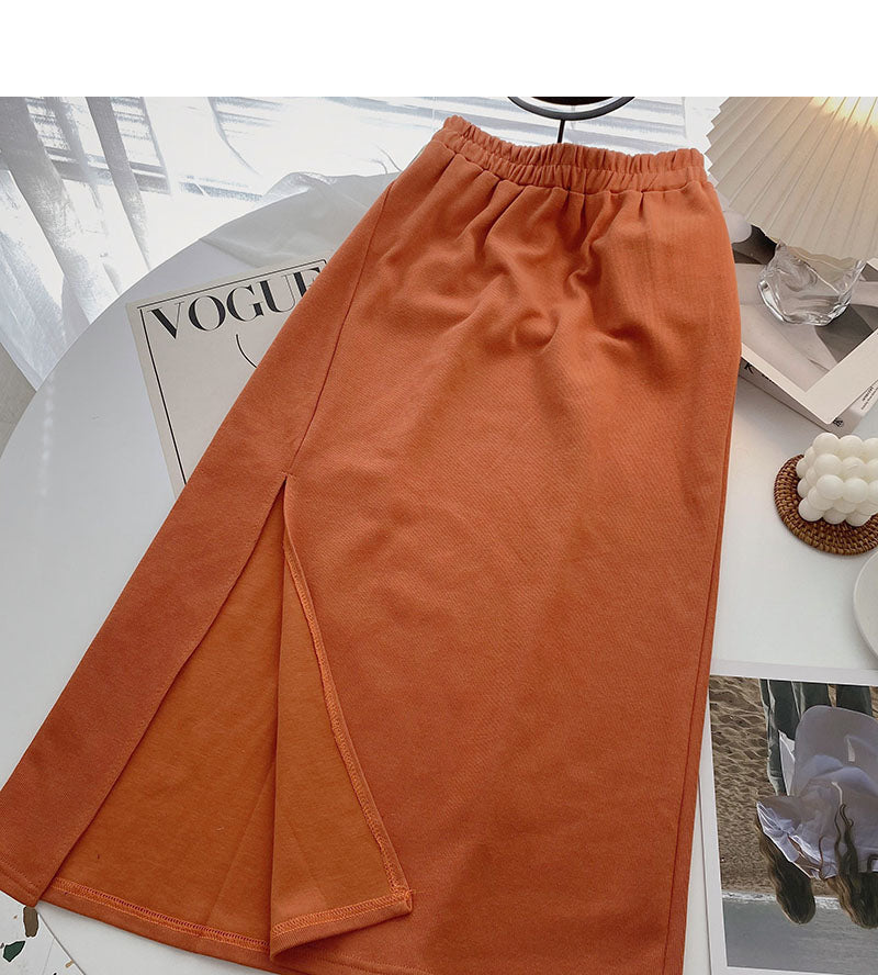 Korean high waist side split design pure color A-line skirt  5721