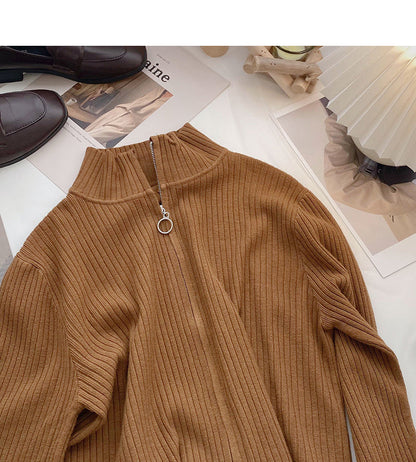 Slim fit short slim design zipper stand collar long sleeve top  6672