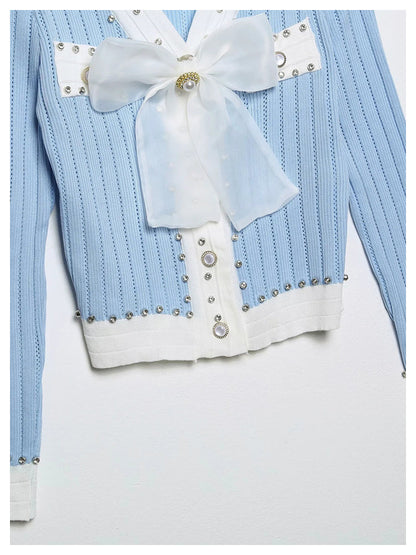 Xiaoxiangfeng V-neck heavy industry rivet bow knit cardigan  7294