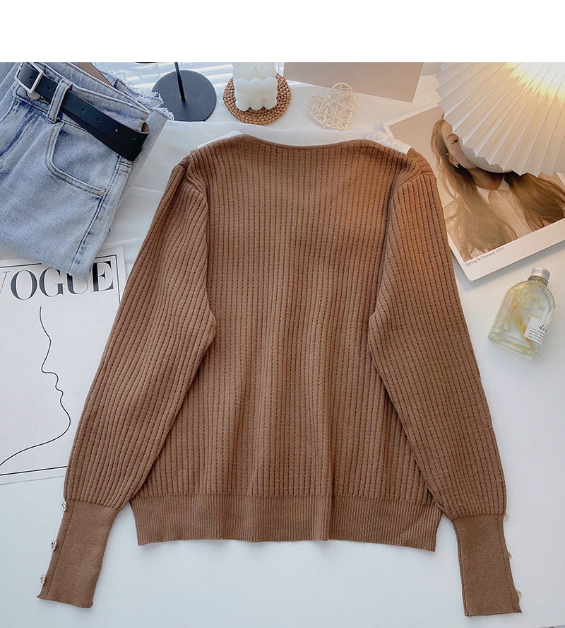 Design sense knitwear Vintage long sleeve Pullover Lapel top  6660