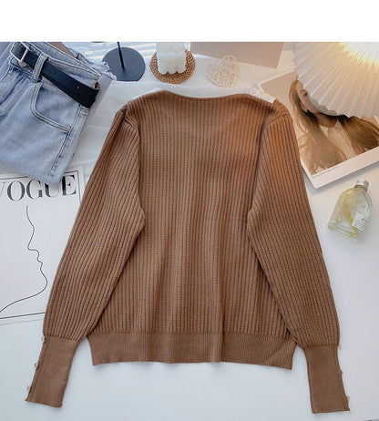 Design sense knitwear Vintage long sleeve Pullover Lapel top  6660