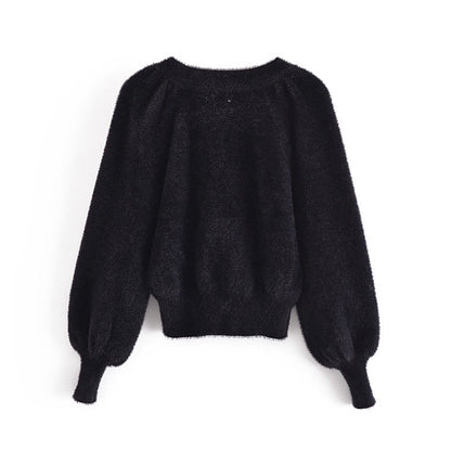 V-neck three button Lantern Sleeve Top Coat women's knitted cardigan  7237