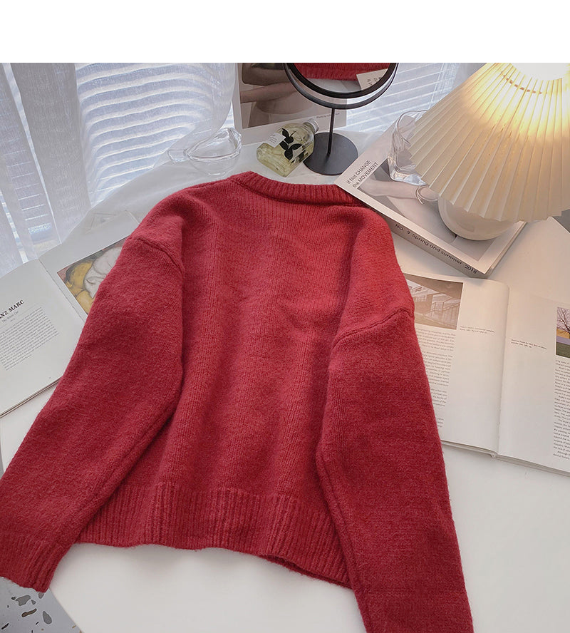 New Korean foreign style design long sleeve round neck ox horn button top  6006