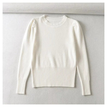Round neck bubble sleeve elastic slim knit sweater  7444