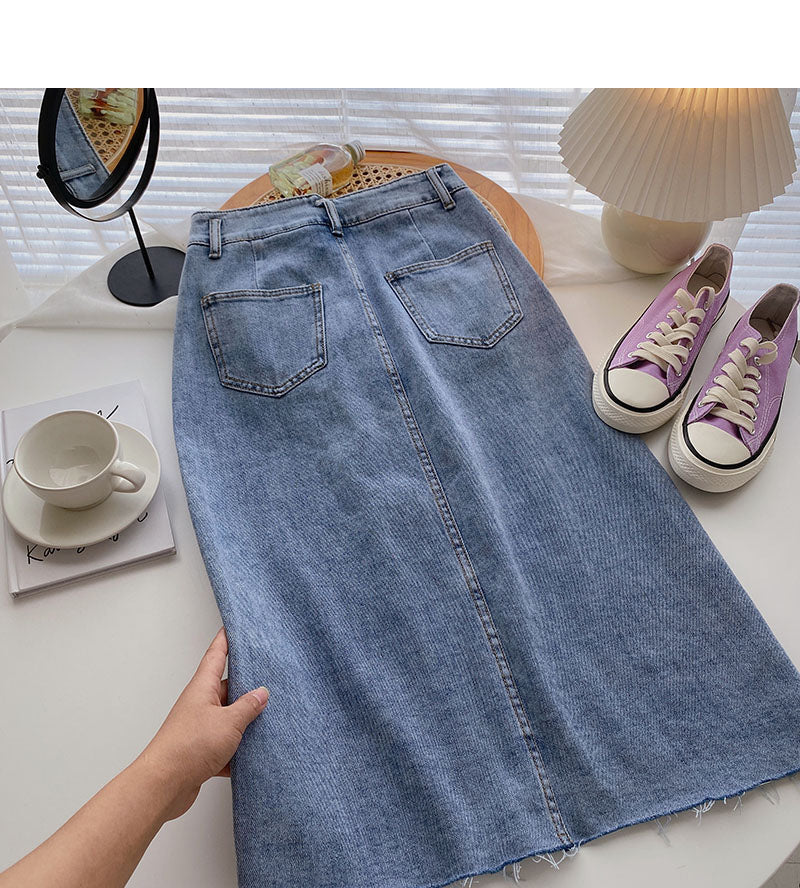 Korean version of Hong Kong style high waist split medium and long A-line skirt  5702