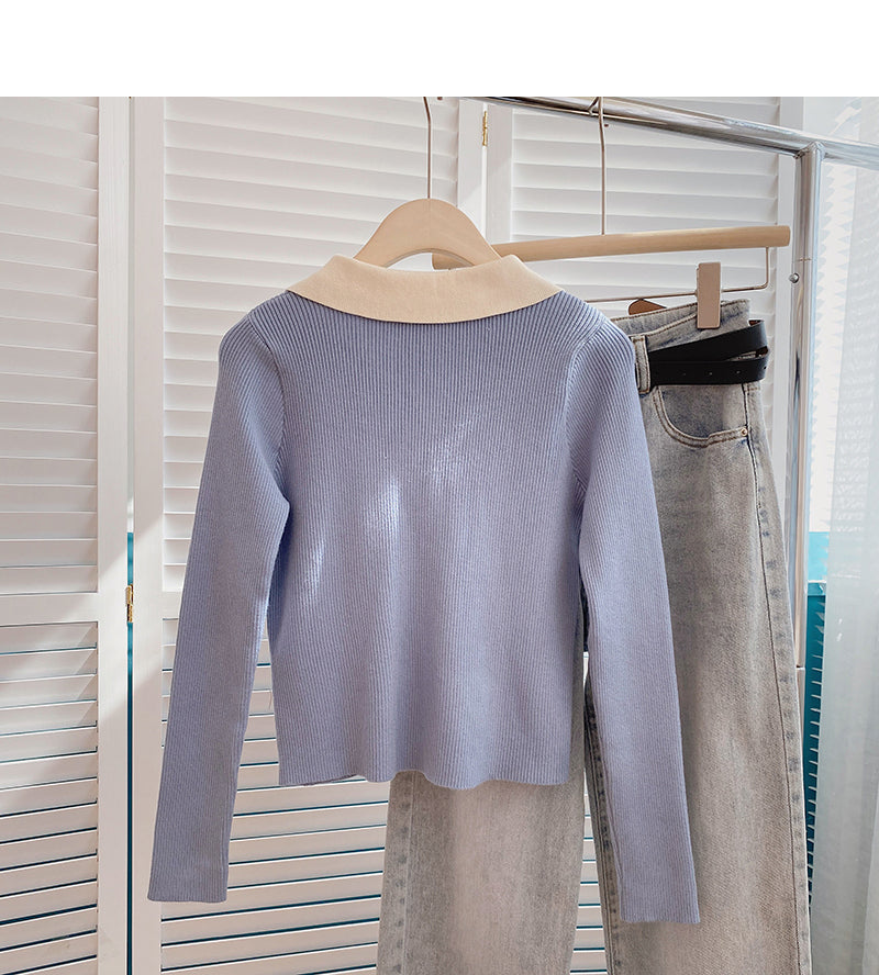 Color blocking slim fit short sweater casual slim long sleeve  6593