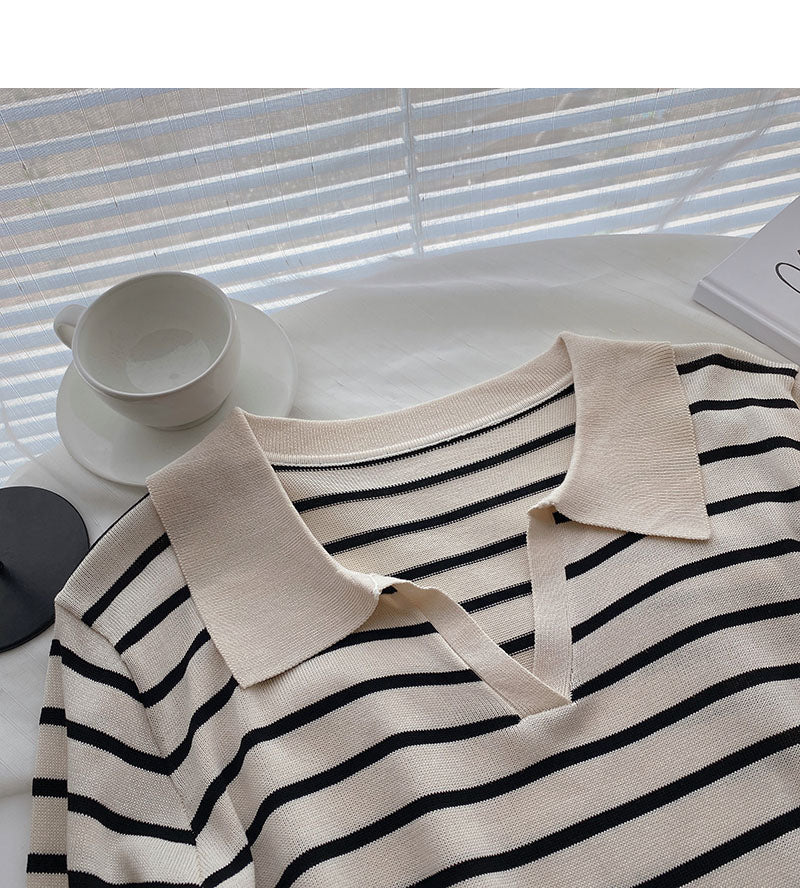 Long sleeve loose stripe Lapel Pullover Top  6452