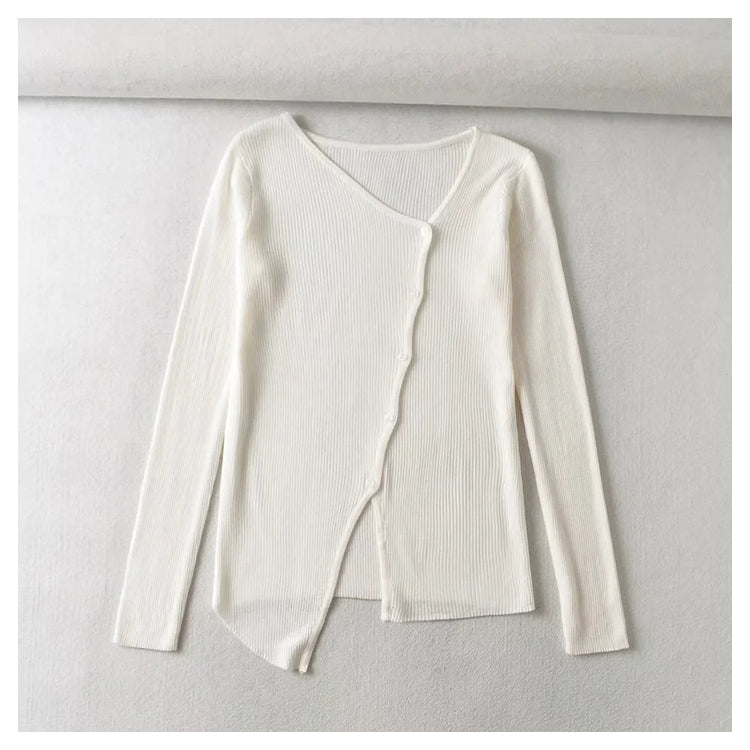 V-neck button irregular slim long sleeved sweater  7465