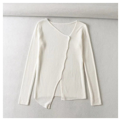 V-neck button irregular slim long sleeved sweater  7465