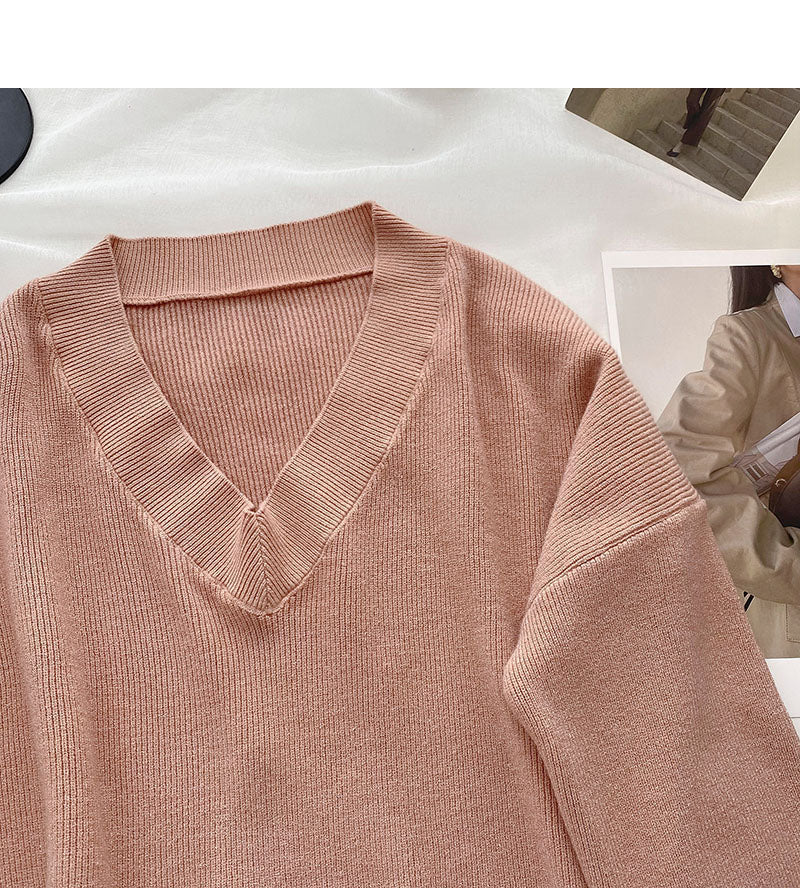 Lazy knit sweater solid V-neck Pullover Top  6677