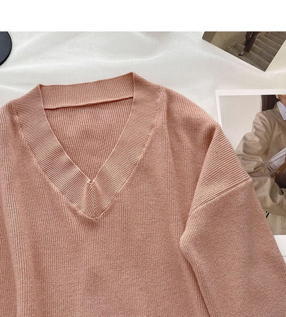 Lazy knit sweater solid V-neck Pullover Top  6677