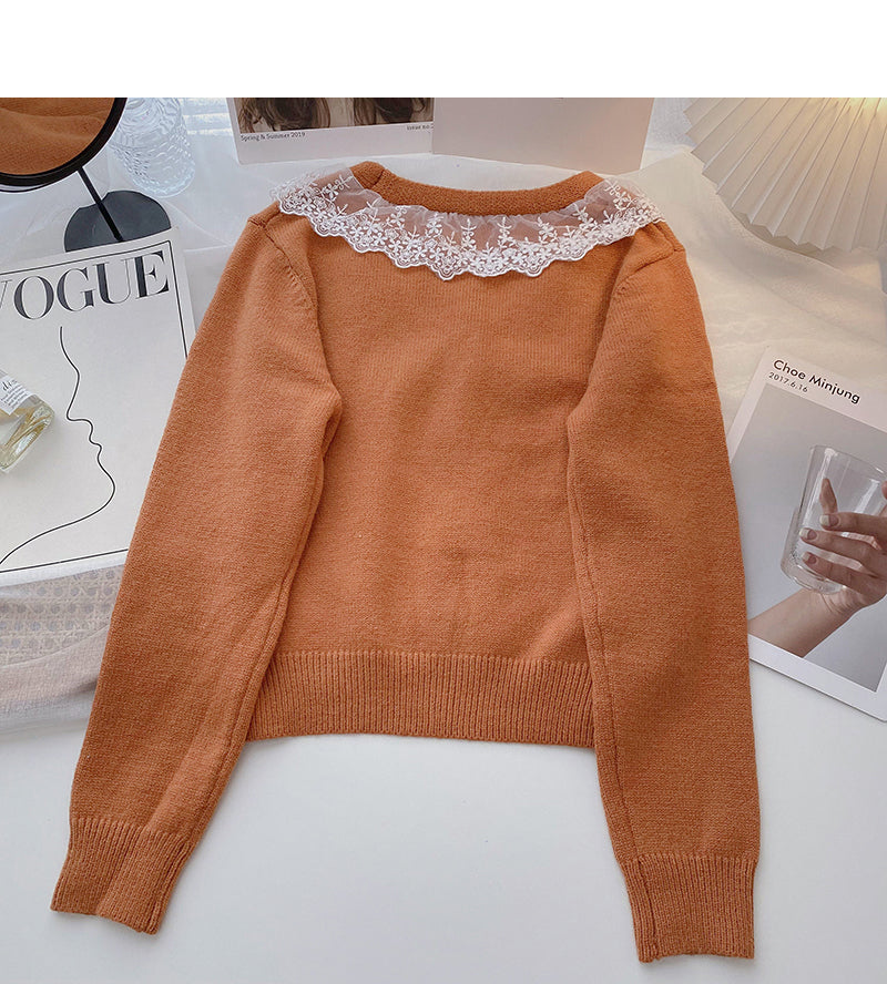 Korean version lace edge V-neck single breasted design feels thin top  5965