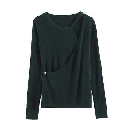 Design sense irregular knit shirt female autumn slim fit pure color bottomed shirt  7267