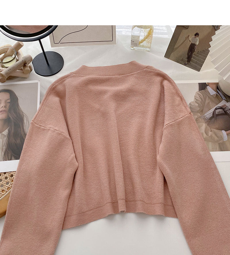 Lazy knit sweater solid V-neck Pullover Top  6677
