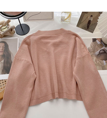 Lazy knit sweater solid V-neck Pullover Top  6677