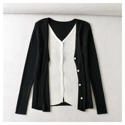 V-neck breasted color contrast fake two slim knit Cardigans  7471
