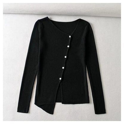 V-neck button irregular slim long sleeved sweater  7465