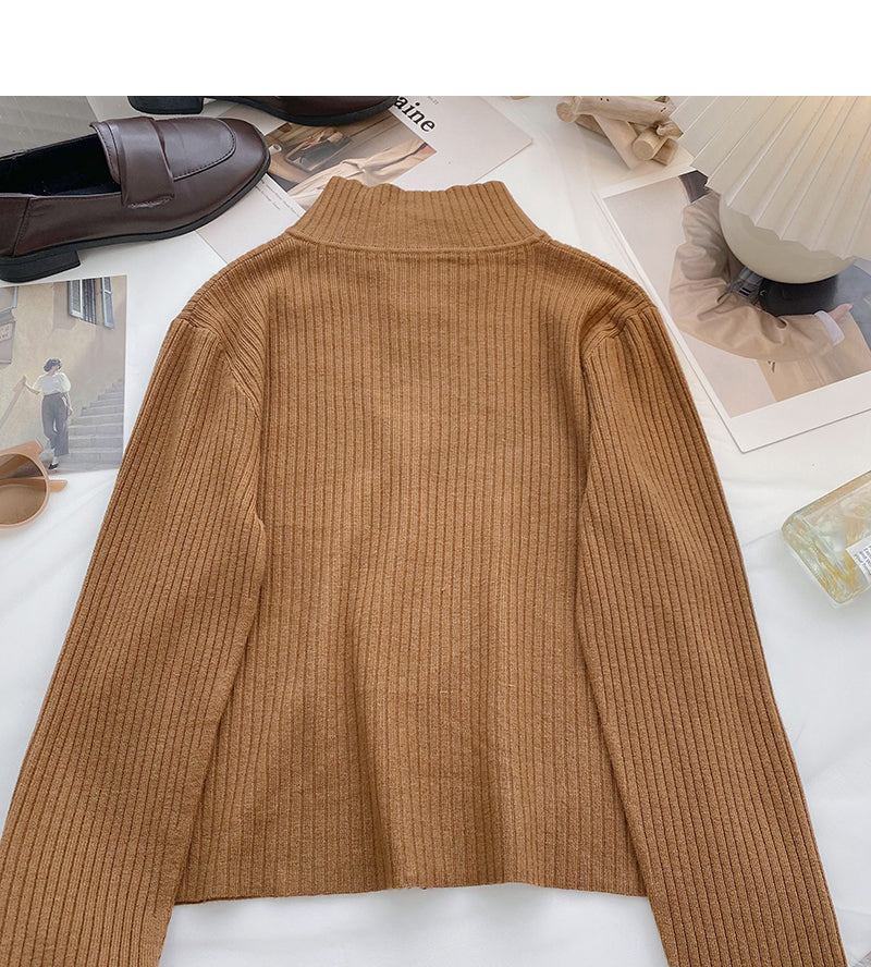 Slim fit short slim design zipper stand collar long sleeve top  6672