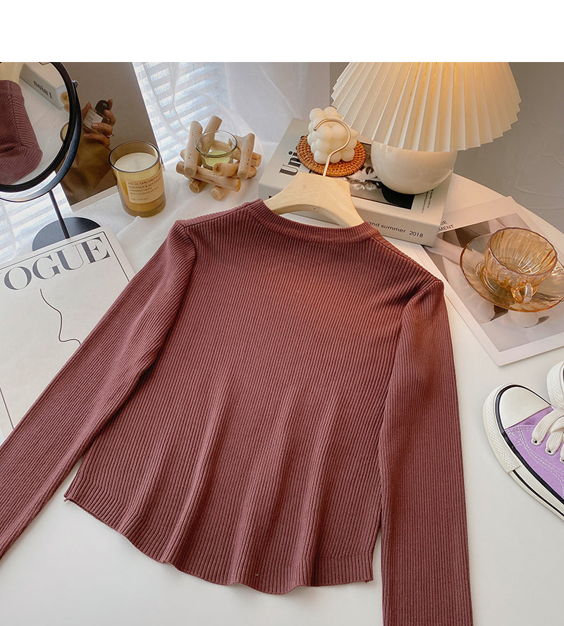 Knit bottomed shirt slim fit short versatile casual long sleeve top  6619