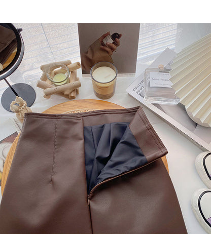 Korean solid color versatile fashion high waist PU leather bag hip skirt  5520