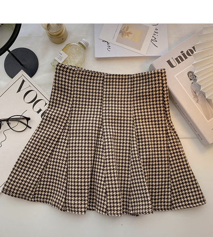 Design sense of niche Hong Kong style high waist thousand bird check skirt  5418