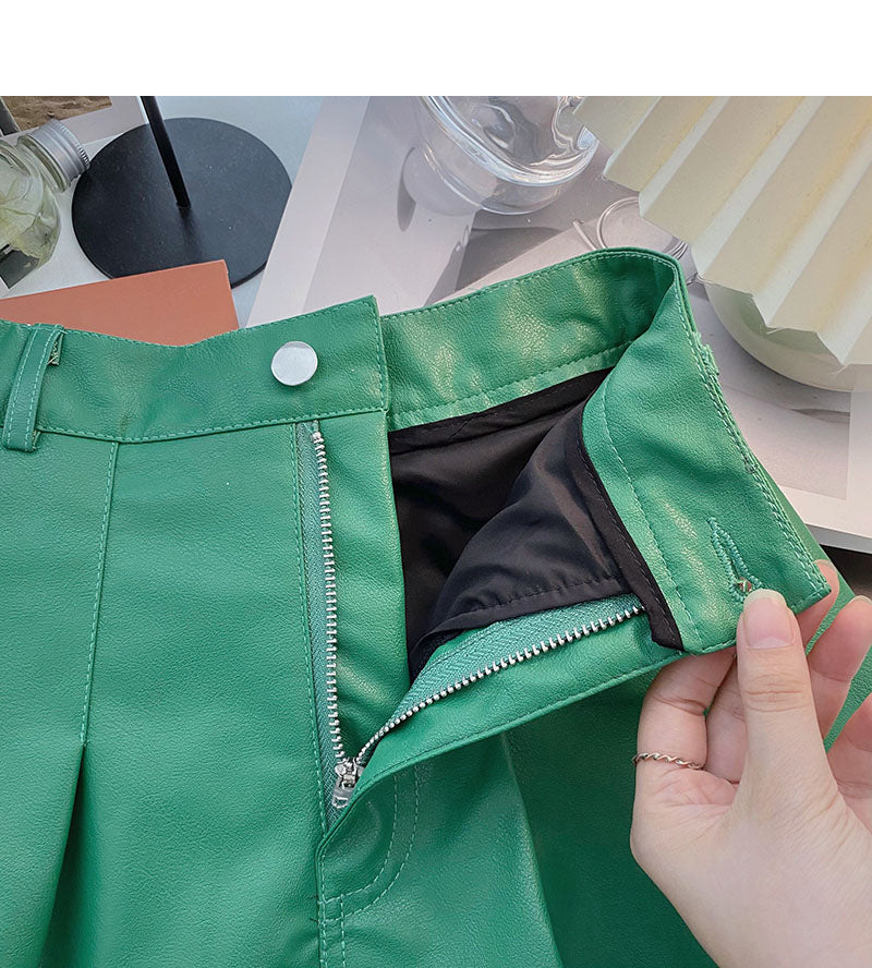 Korean slim fashion age reducing high waist pleated leather skirt  5461