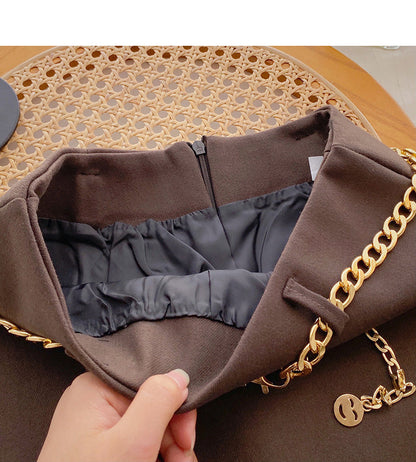 Fashion simple temperament solid color high waist skirt with chain  5469
