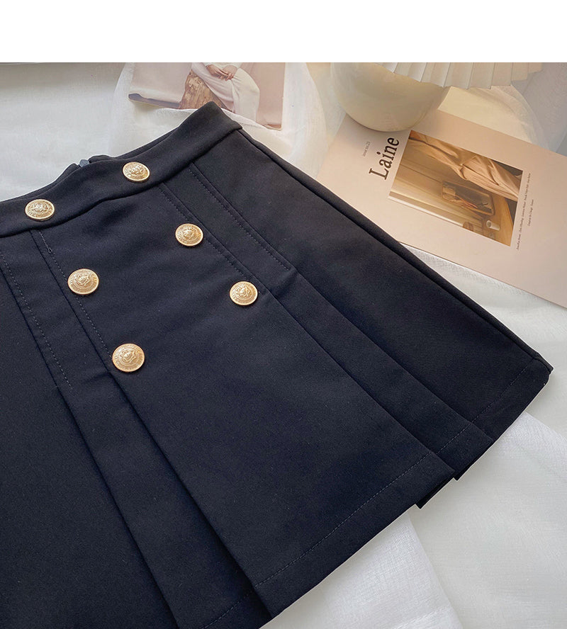 Korean retro simple double row button high waist pleated skirt  5498