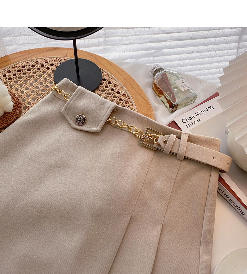 Small design retro chain high waist A-line skirt with belt  5458
