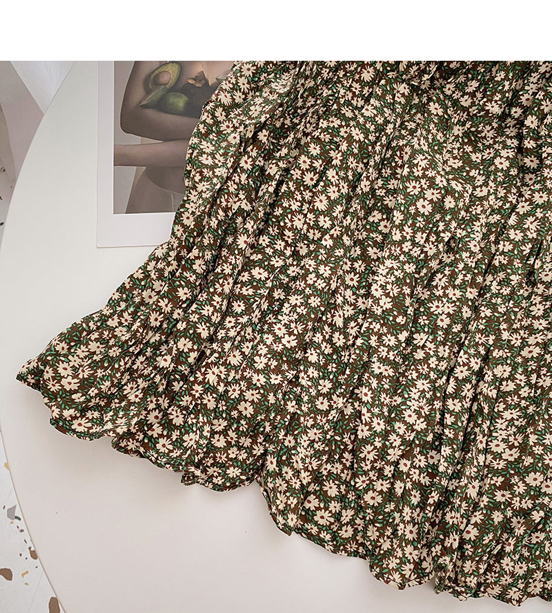 Hong Kong style retro floral high waist elastic A-shaped large swing skirt  5738