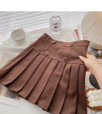 Double breasted decorative high waist design sense of aging retro A-line skirt  5444