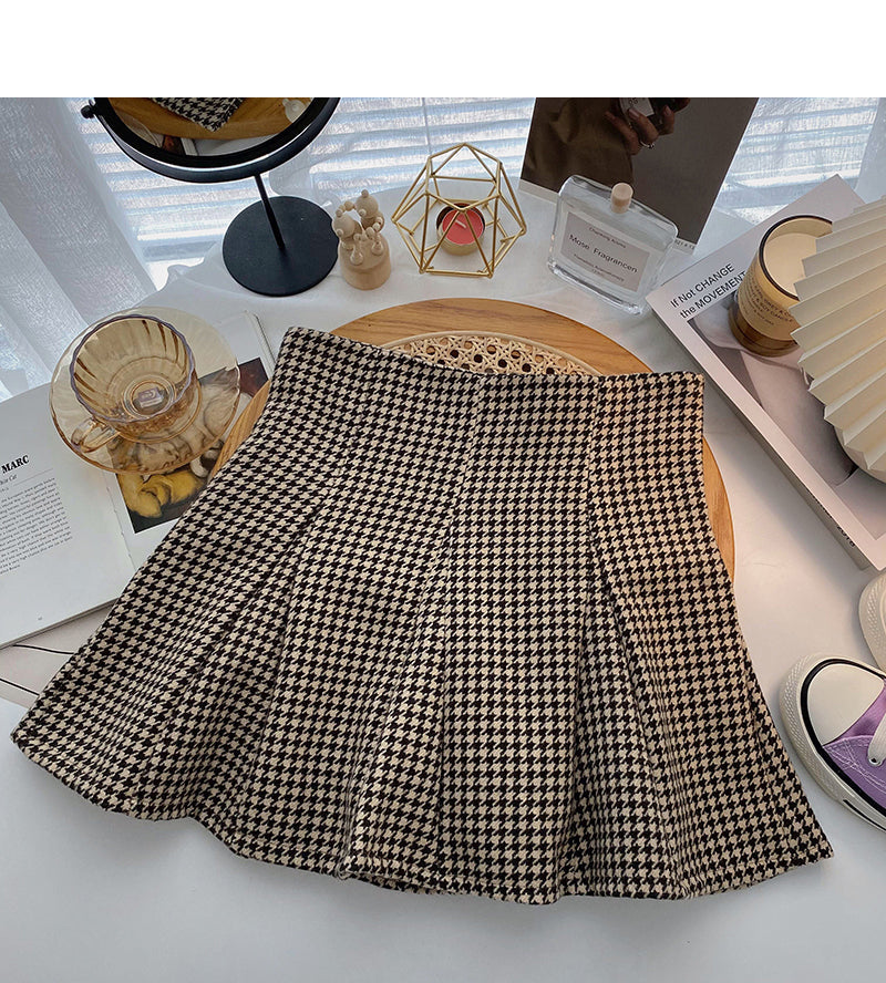 Design sense nail bead a-word high waist slim fashion thousand bird check short skirt  5512