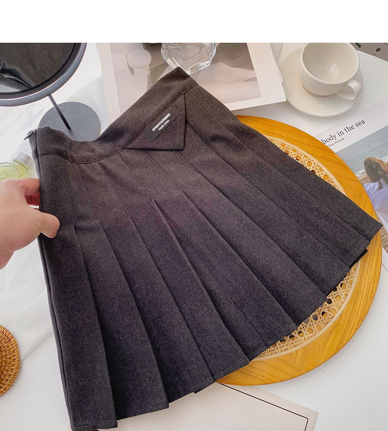 Pleated retro college style skirt casual high waist A-line skirt  5313